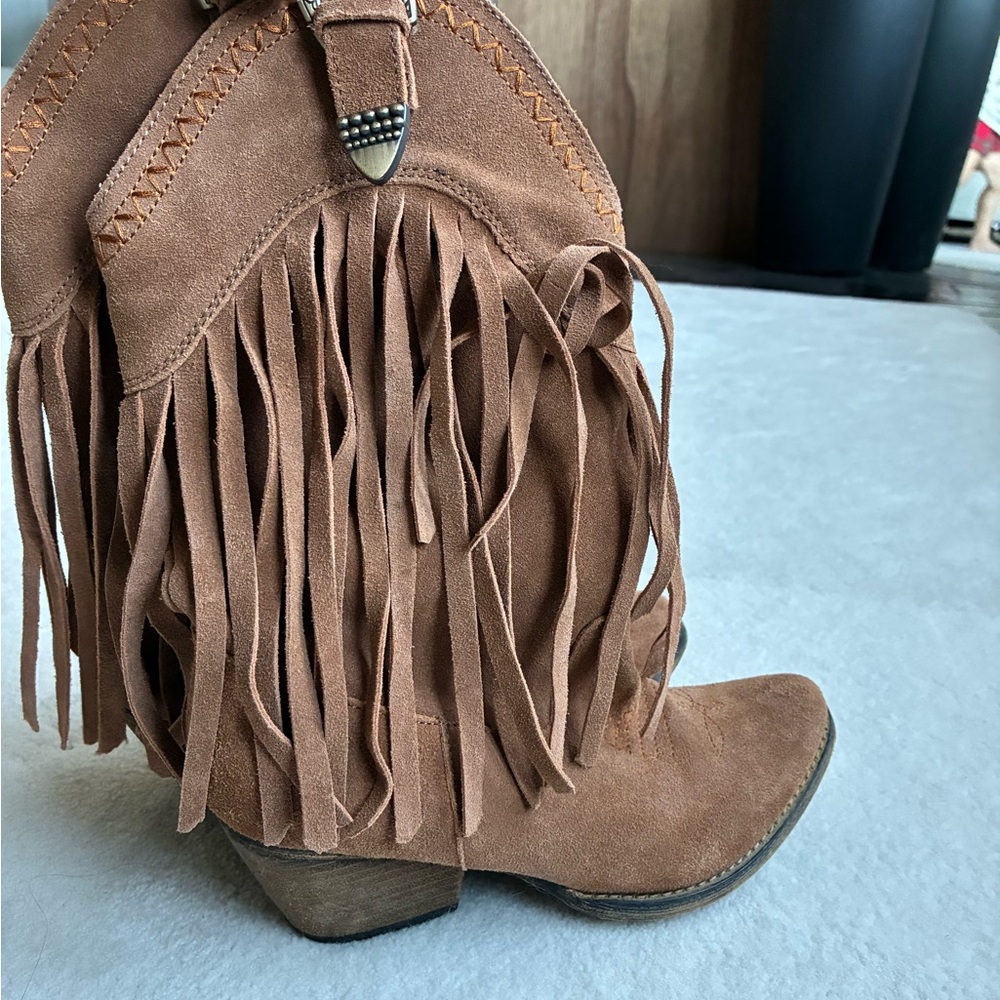 Fringe Real  Leather Western Boots - Tan